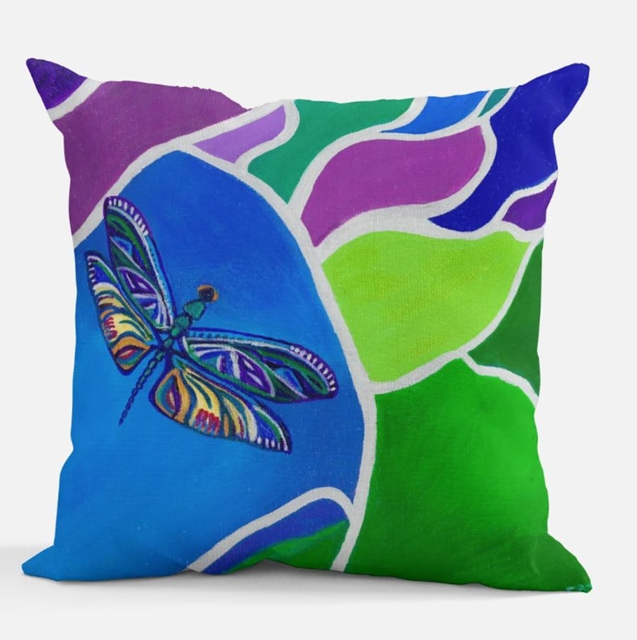 Dragonfly print, Brightly printed cushion. 14" square Cushion (36.5cm)