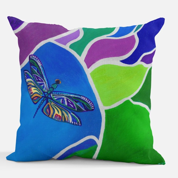 Dragonfly print, Brightly printed cushion. 14" square Cushion (36.5cm)