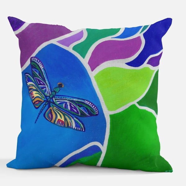 Dragonfly print, Brightly printed cushion. 14" square Cushion (36.5cm)