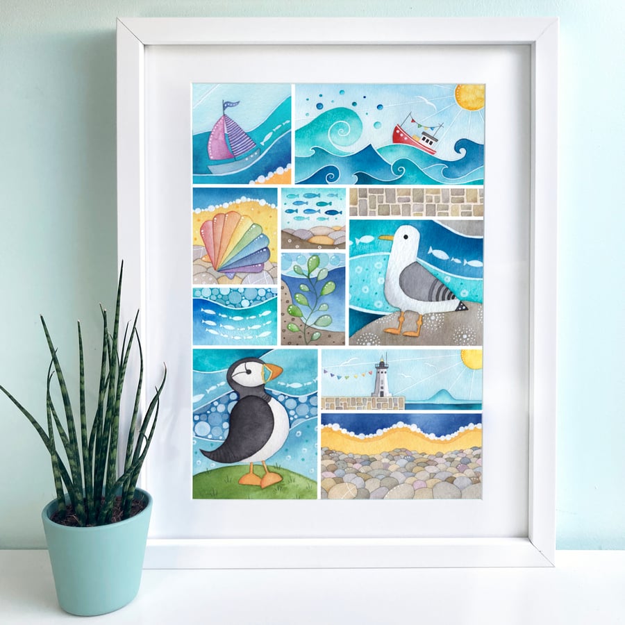 Seaside Print - A4 Signed Coastal Wall Art. Seagull, Puffin, Boats, Fish, Beach.