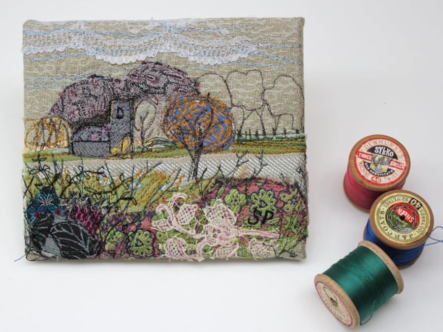 Textile Art Fabric Picture Landscape Church in Field