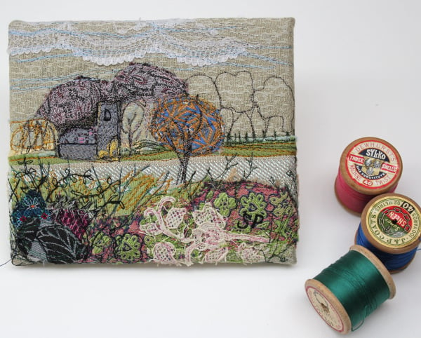 Textile Art Fabric Picture Landscape Church in Field