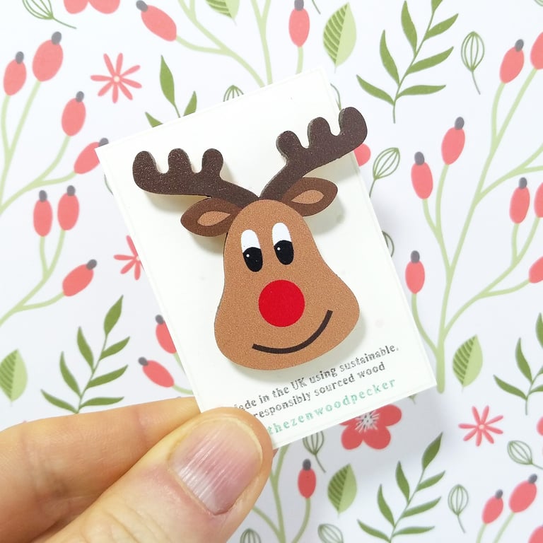 Rudolph Pin Badge, Christmas Reindeer Brooch, Festive Wooden Badge