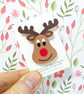 Rudolph Pin Badge, Christmas Reindeer Brooch, Festive Wooden Badge - Image 1