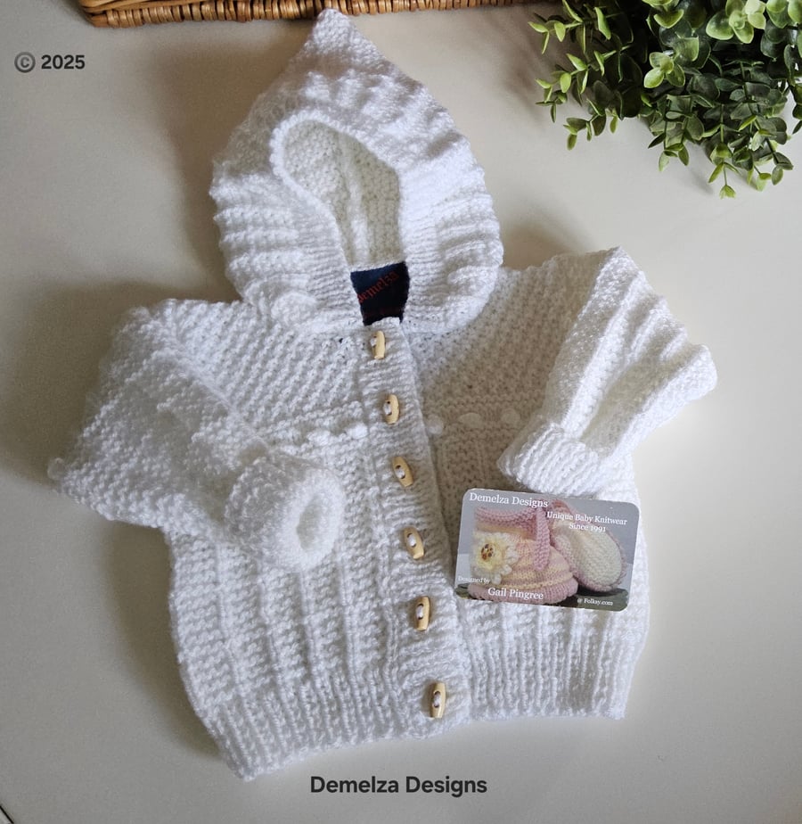 Designer Hand Knitted White Baby Hooded Jacket 3-9 months