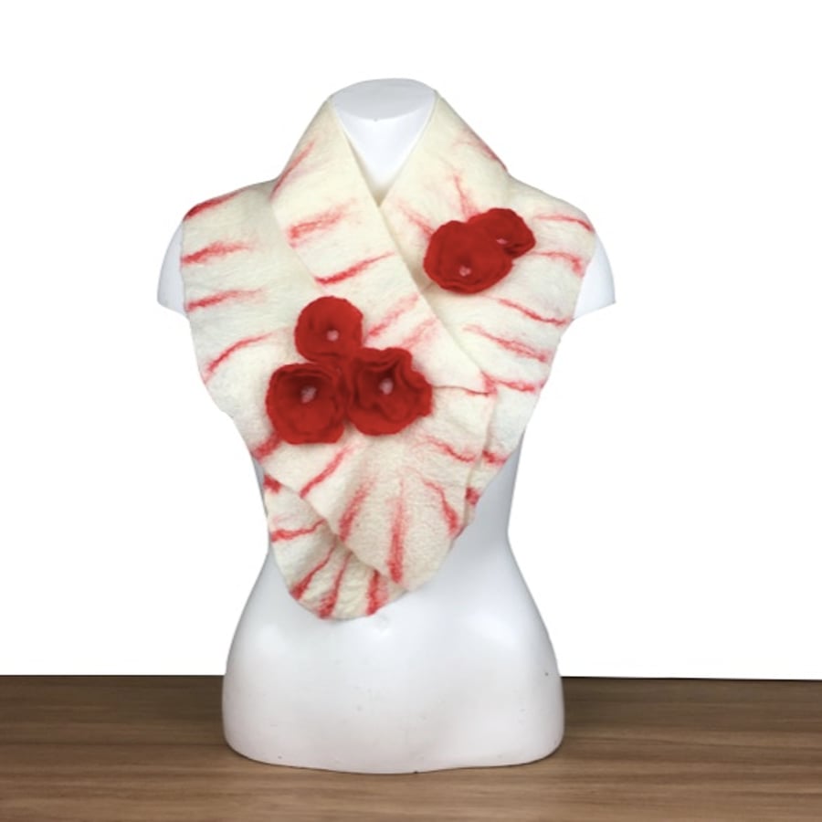 Felted scarf, white with ruffled border, red detail and roses - SALE