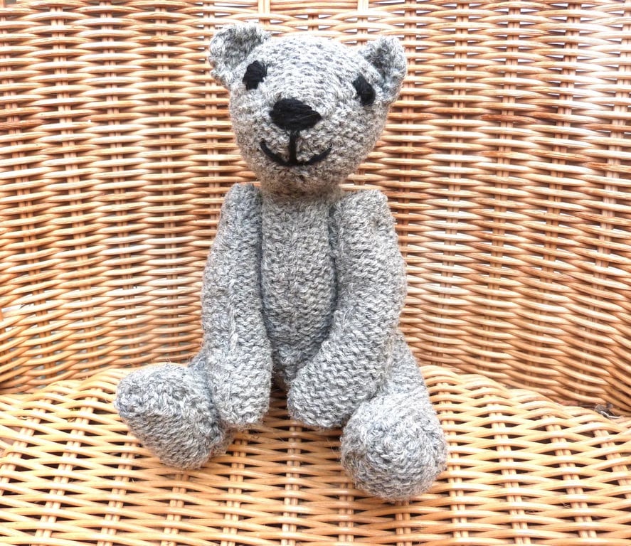 Handmade 8" Grey Teddy Bear knitted in 100% Wool