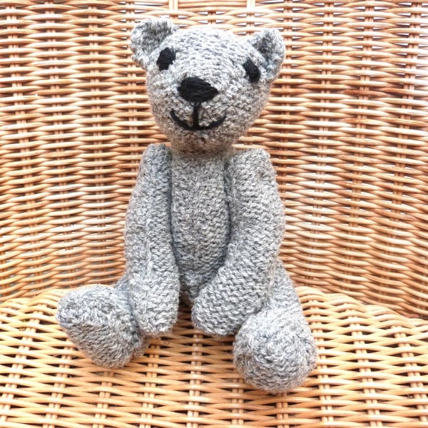 Handmade 8" Grey Teddy Bear knitted in 100% Wool