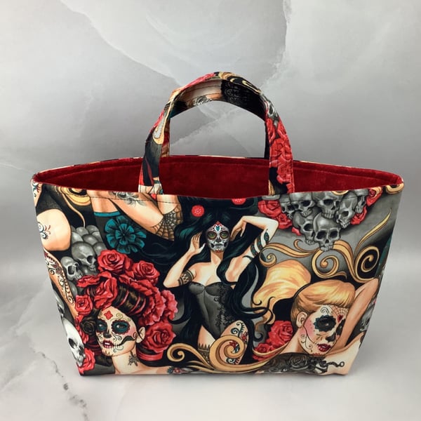 Day of the dead tote bag, Gothic shopper, handmade in Sussex
