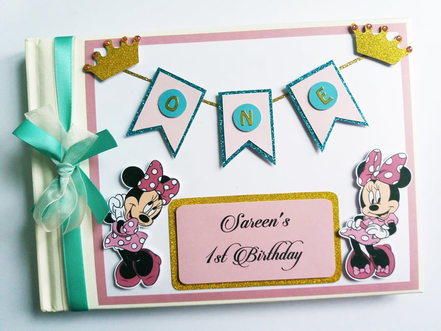 Personalised Princess Minnie pink and gold crowns themed birthday guest book