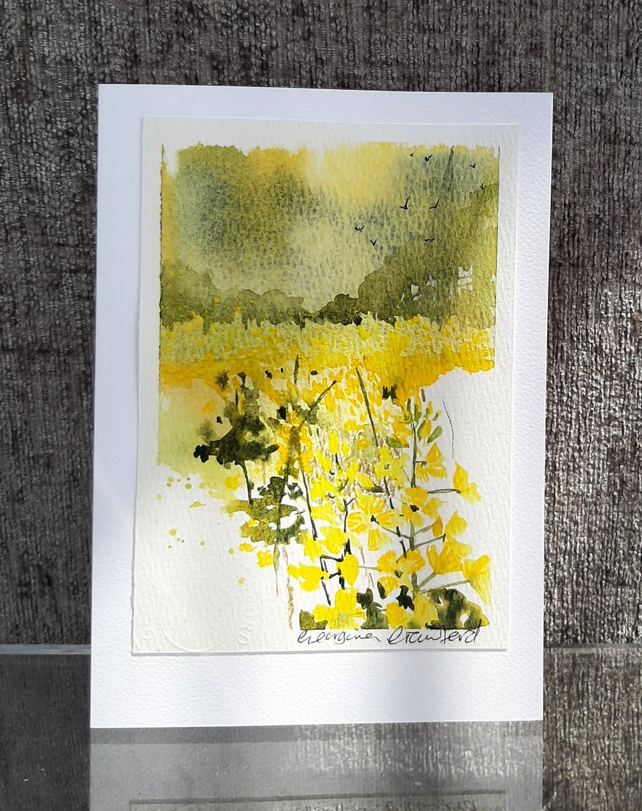 Yellow Fields. Blank Card. Original Watercolour Painting 260150