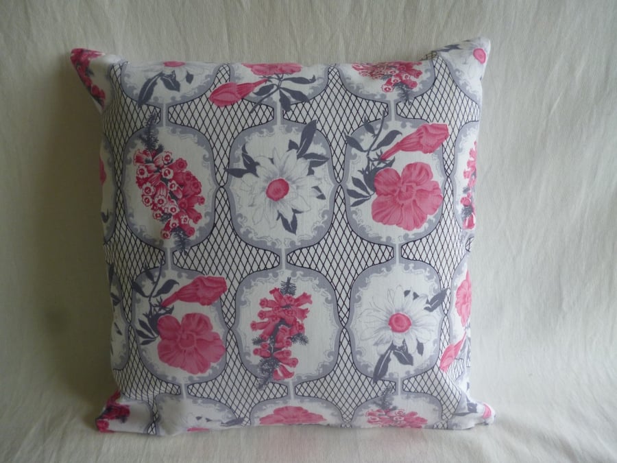 Grey and pink floral 1960s fabric cushion cover