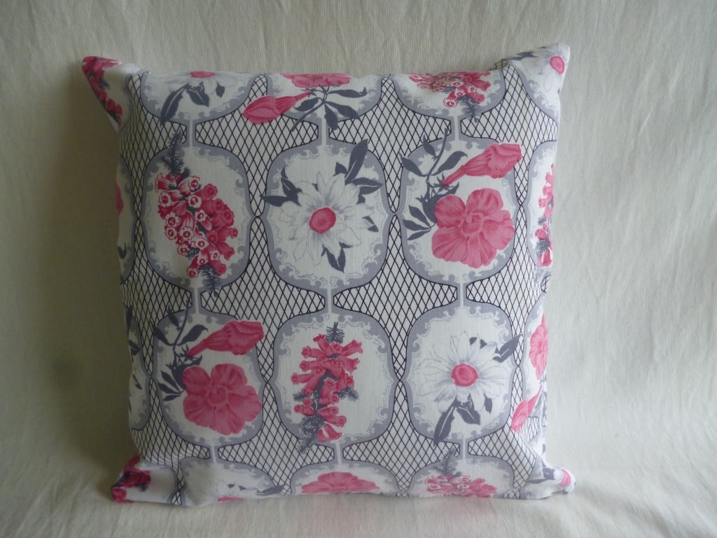 Grey and pink floral 1960s fabric cushion cover