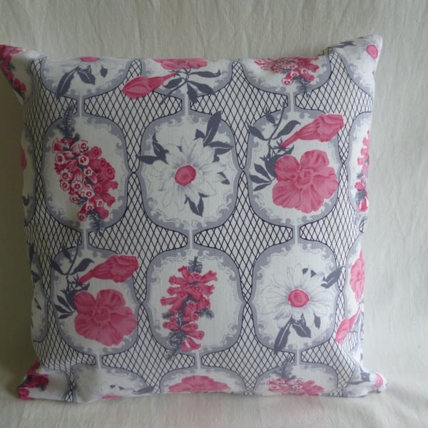 Grey and pink floral 1960s fabric cushion cover