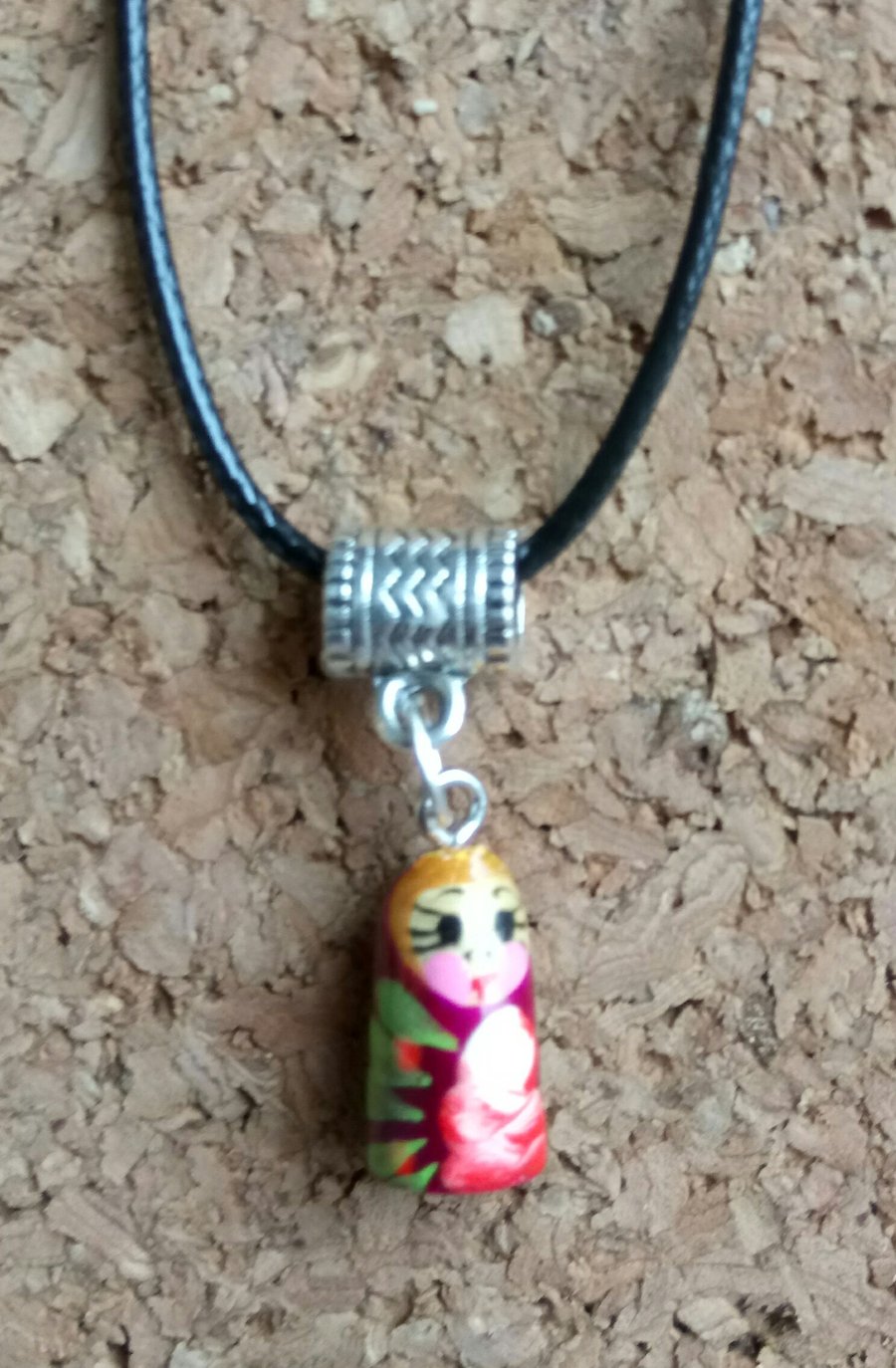 Hand Painted Wooden Russian Dolly Charm on Leather Necklace