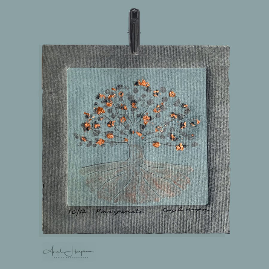 Pomegranate Lino Print withBronze Metallic Leaf Embellishment - Pomegranate