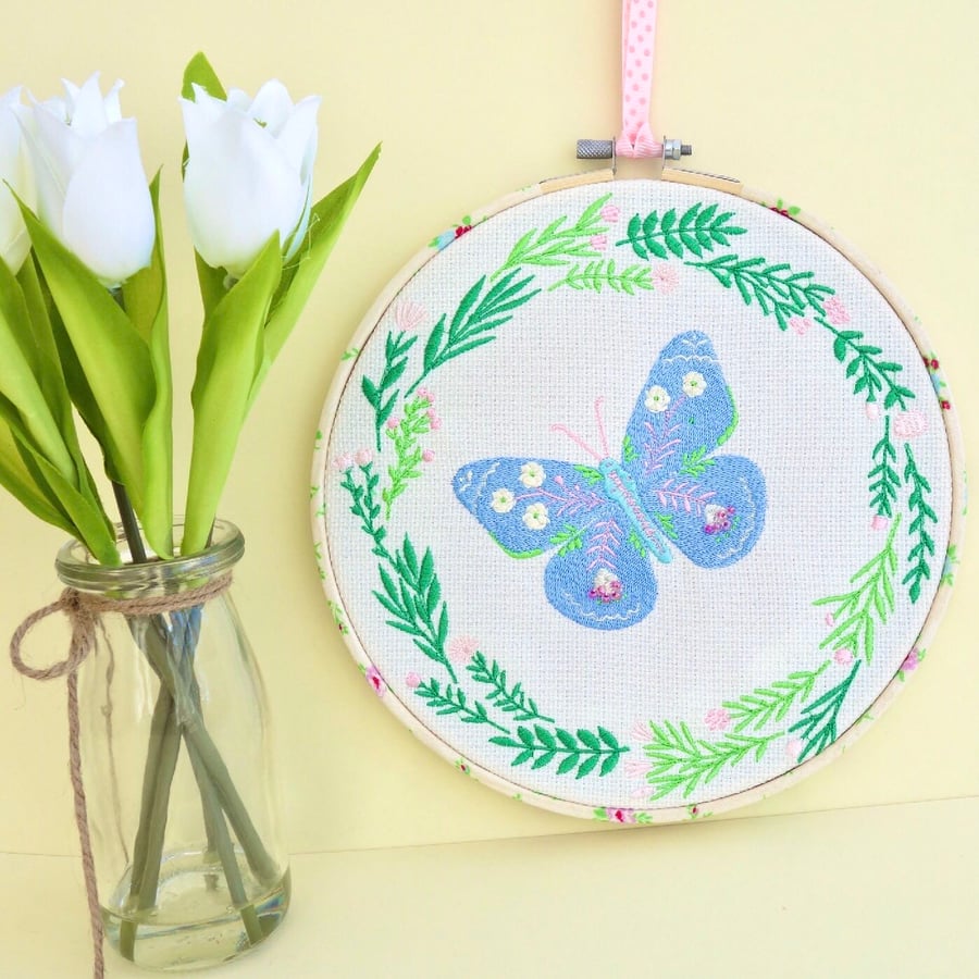 Embroidered Hoop Decoration: Blue Butterfly design 8” (20cm)
