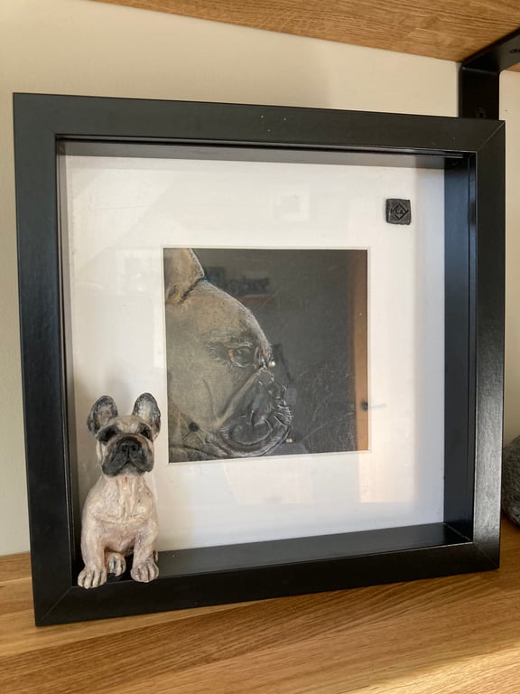Animal ceramic sculpture and pastel sketch - Framed Miniature 