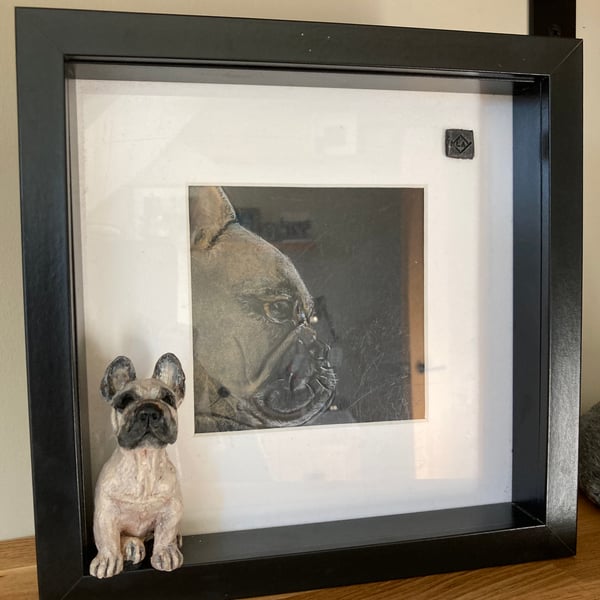 Animal ceramic sculpture and pastel sketch - Framed Miniature 