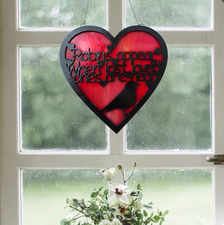 Stained Glass Heart with Robin quote hanging suncatcher ornament