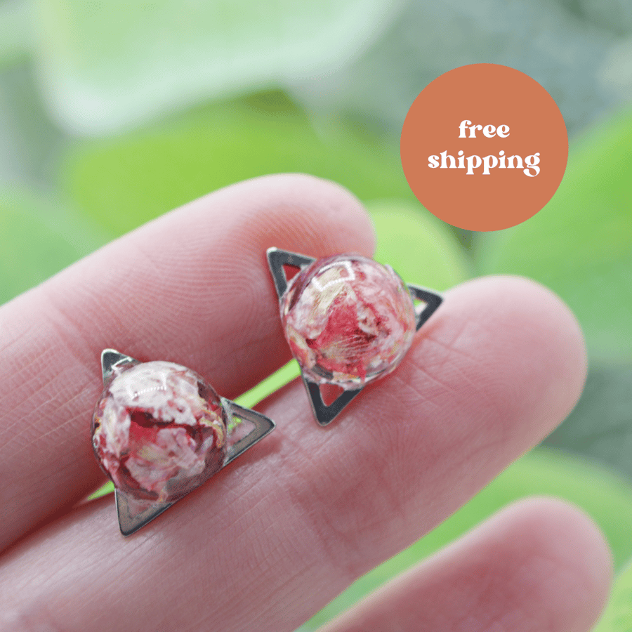 Pink Rose Petal Triangle Stud Earrings - Free Postage