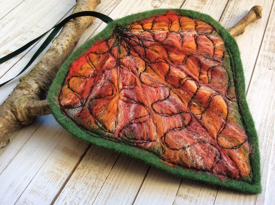 Embroidered needle felted leaf home decoration. 