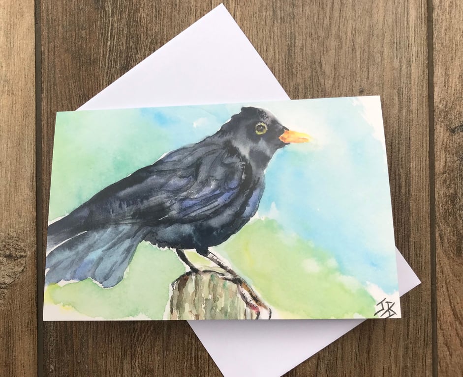 Watercolour blackbird greeting card by UK artist Janet Bird