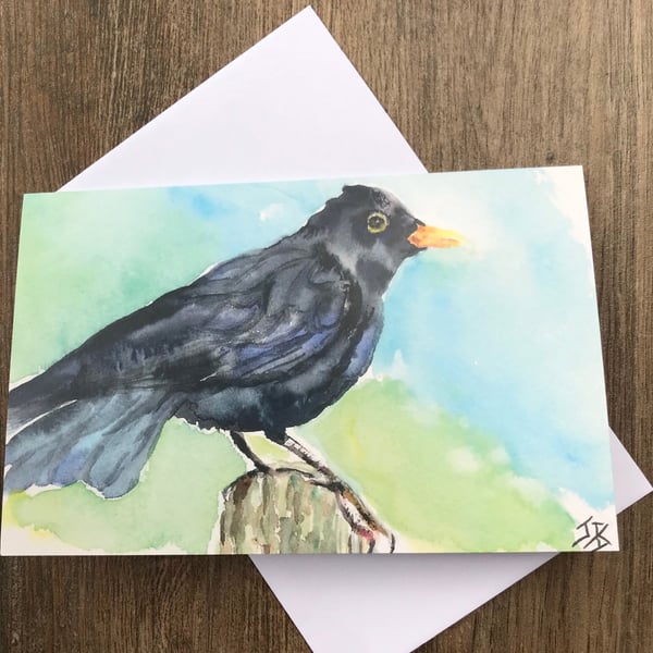 Watercolour blackbird greeting card by UK artist Janet Bird