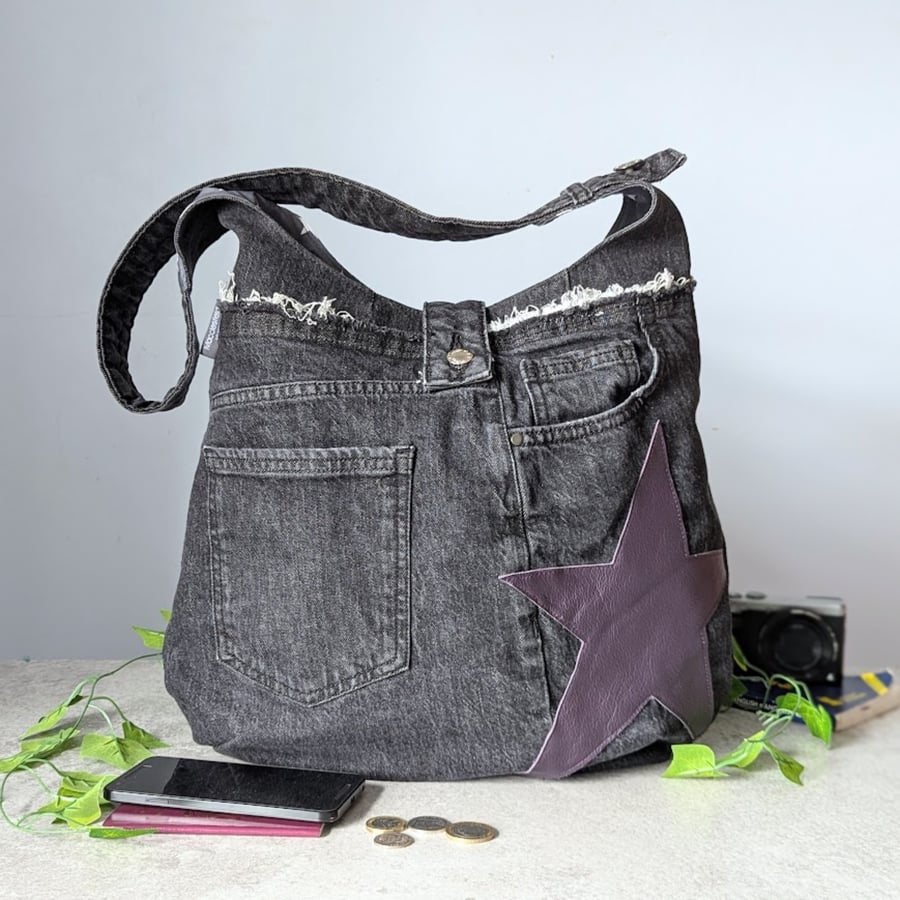 Denim Shoulder Black Tote Bag Large Shoulder Bag with Purple Leather Star Motif