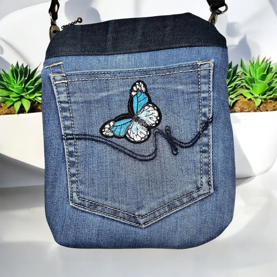 Upcycled denim bag made from jeans with blue butterfly