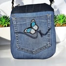 Upcycled denim bag made from jeans with blue butterfly