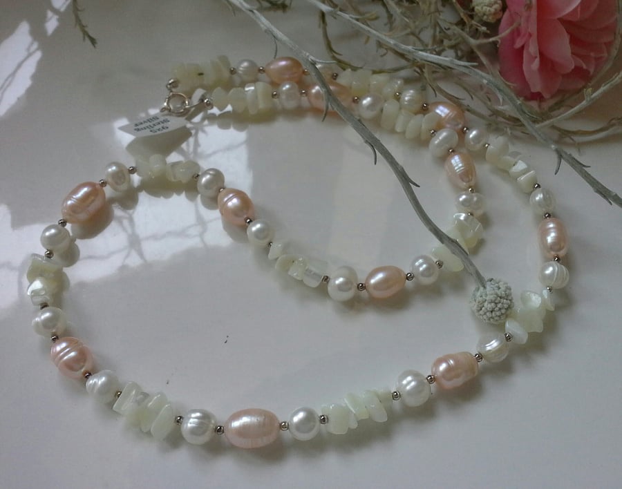 Cultured Pearls & Mother of Pearl Sterling Silver Necklace