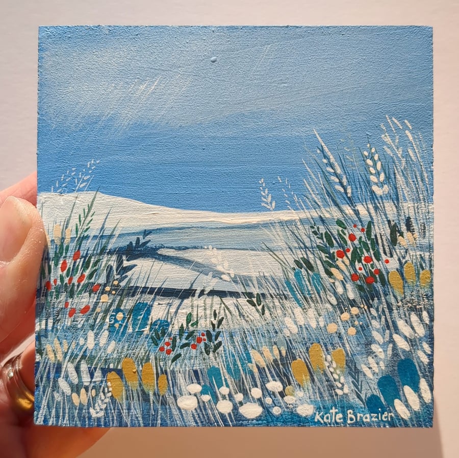 The fields were white with snow -Original Mixed Media. Wooden Tile. Freestanding