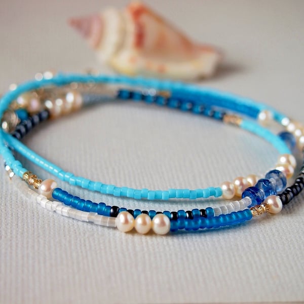 Turquoise Blue Beaded Wrap Bracelet - Necklace - Sterling Silver