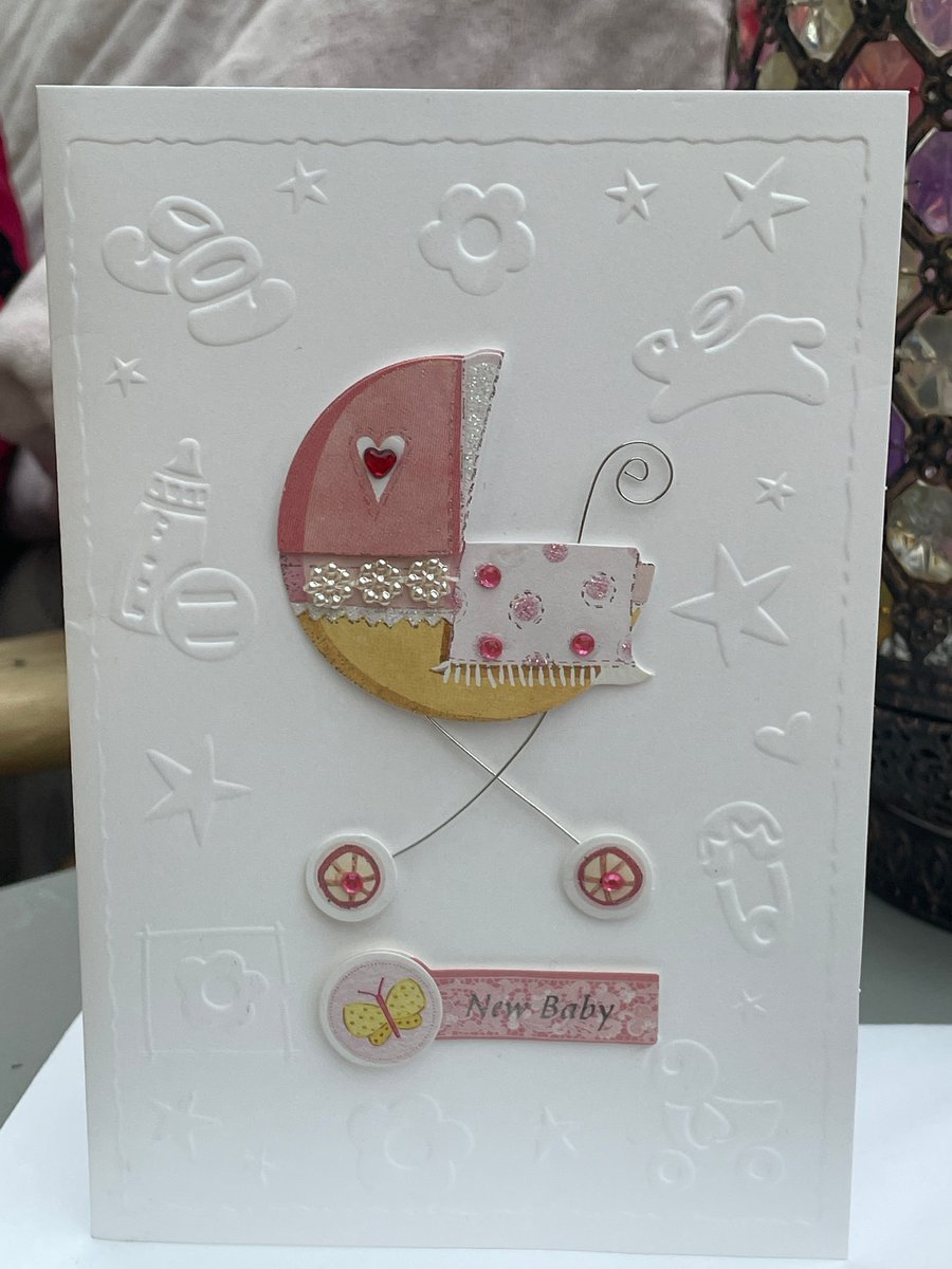 Pretty pink pram New baby card