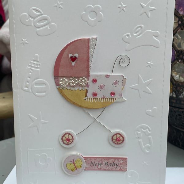 Pretty pink pram New baby card