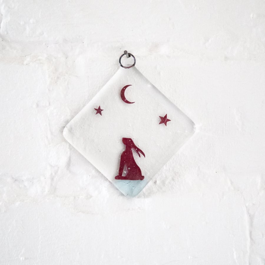Moongazing Hare fused Glass Mini Dangle, Suncatcher, wall art, decoration, 