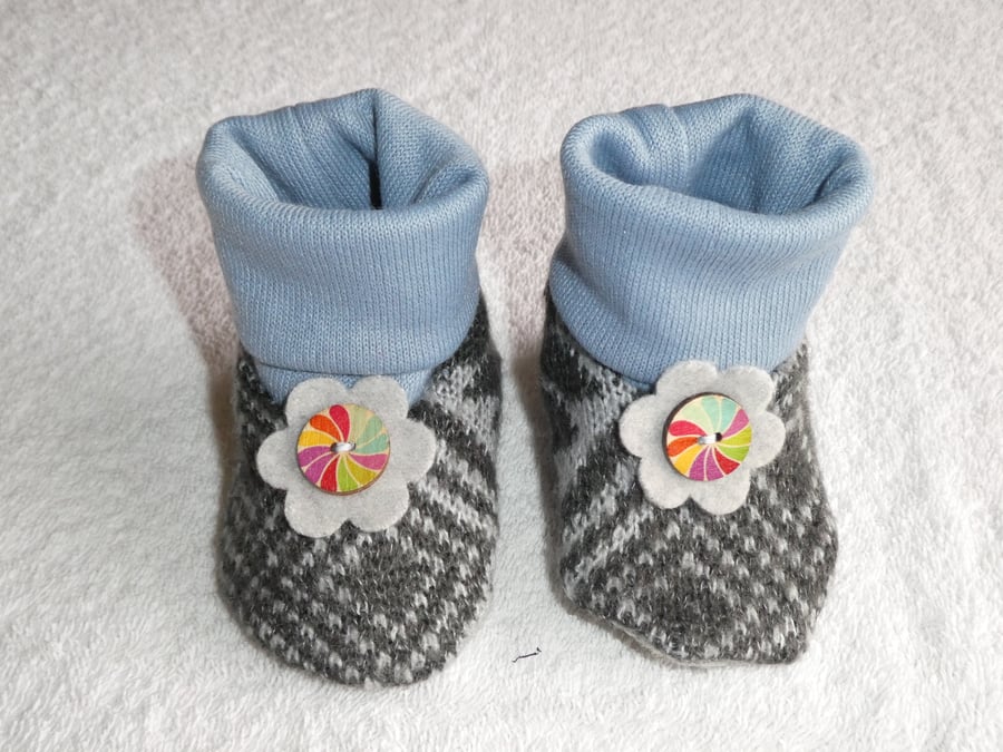 Baby Booties From Upcycled Wool Jumpers age 3 - 6 months. Pale Blue Cuff