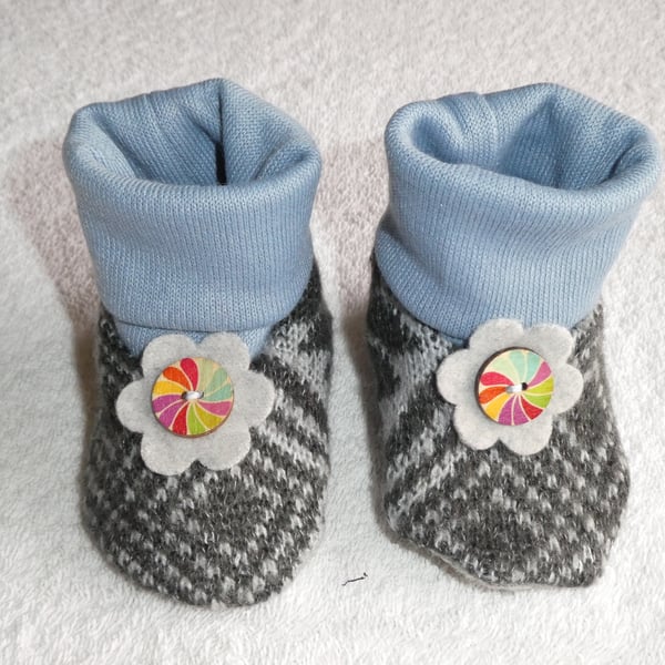 Baby Booties From Upcycled Wool Jumpers age 3 - 6 months. Pale Blue Cuff