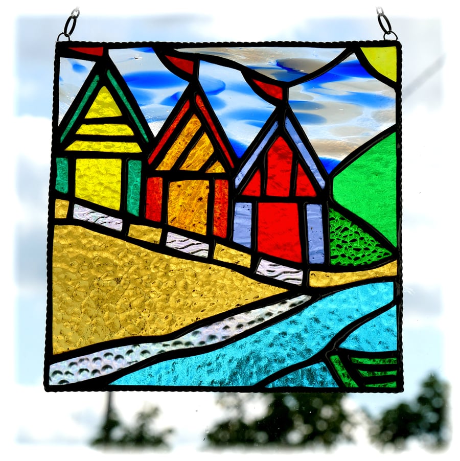 SOLD 250711 Beach Hut Picture Stained Glass By the Sea Suncatcher Handmade 021