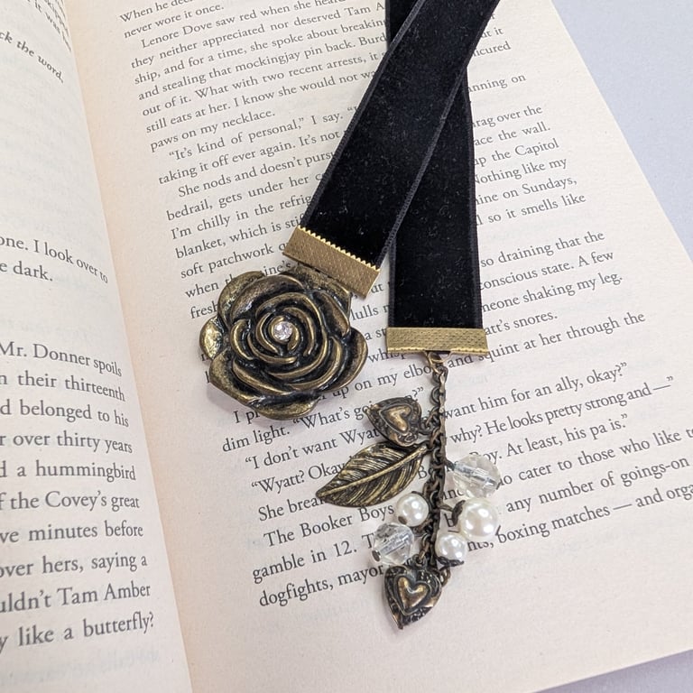 Black Velvet Ribbon Bookmark with Upcycled Jewellery accessories