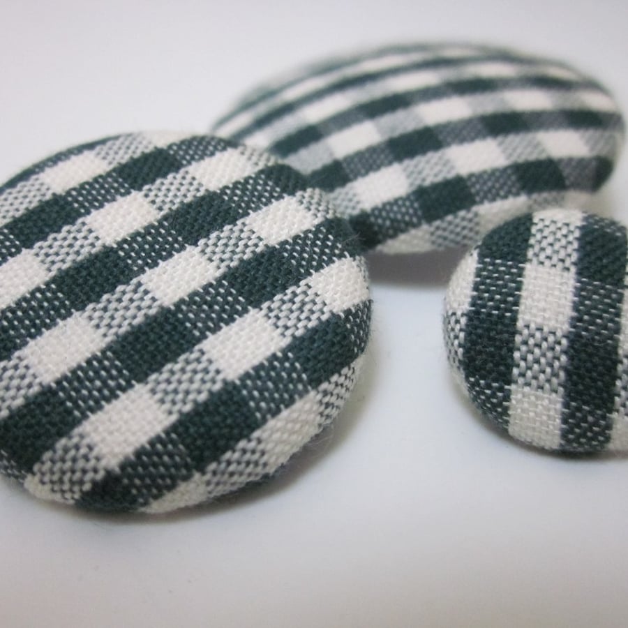 3 Mixed Size Green Gingham Fabric Buttons
