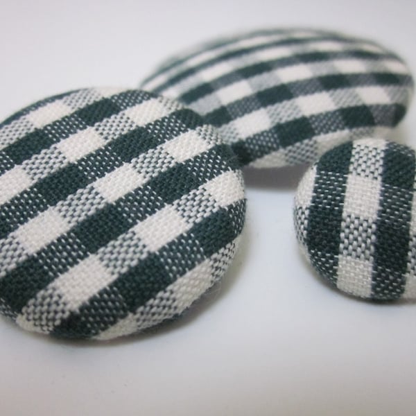 3 Mixed Size Green Gingham Fabric Buttons