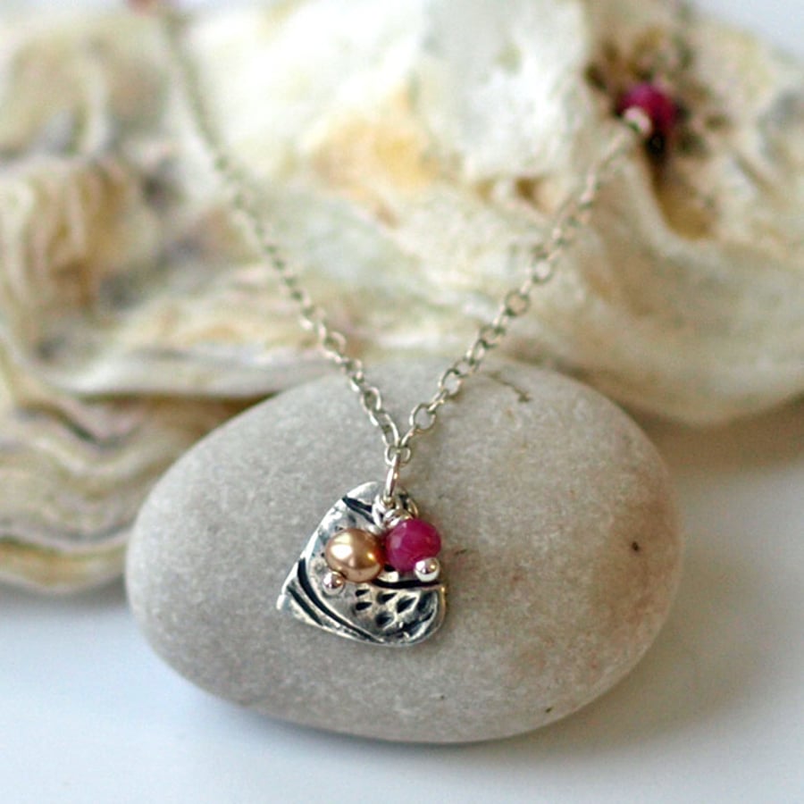 Patterned heart and ruby necklace - handmade jewellery