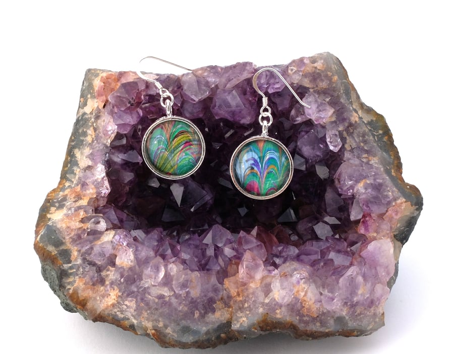 Beautiful marbled paper glass cabochon earrings valentine's, anniversary gift