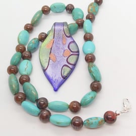 Green Blue & Gold Glass Teardrop Pendant on a Turquoise and Obsidian Necklace