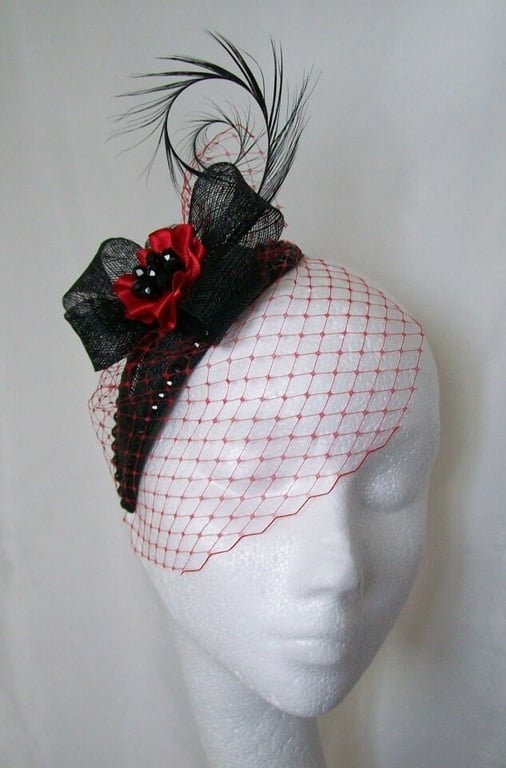 Red and Black Fascinator Veiled Crystal Studded Teardrop Percher Headpiece