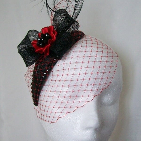 Red and Black Fascinator Veiled Crystal Studded Teardrop Percher Headpiece