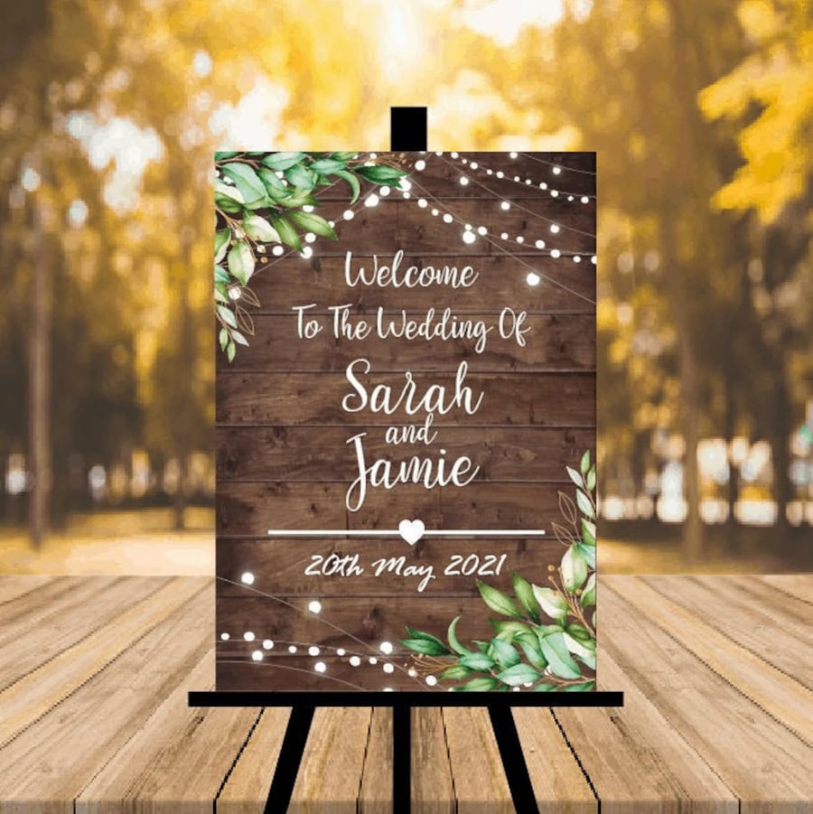 Personalised Rustic Wedding Sign - Dark Wood - Green Flowers.