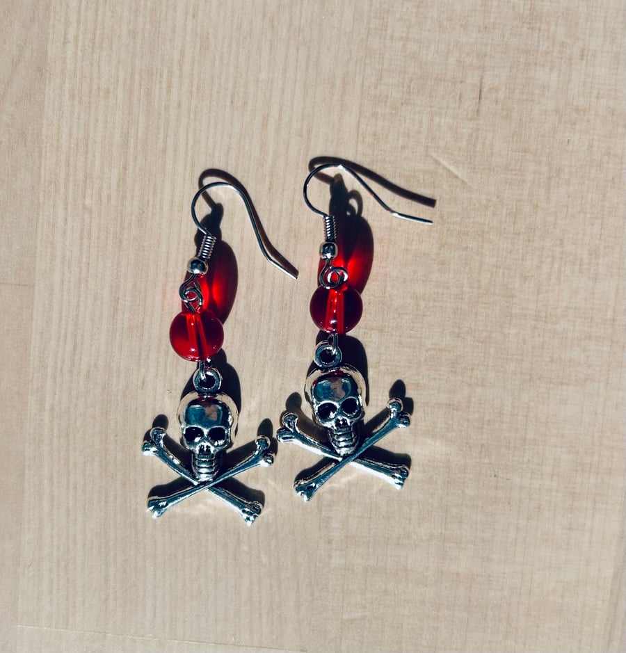 thumbnail image 2 of Bluebubble Funky Silver Pirate Flag Earrings - Skull & Cross Bones Dangle, Kitsch Retro Style 2 of 6